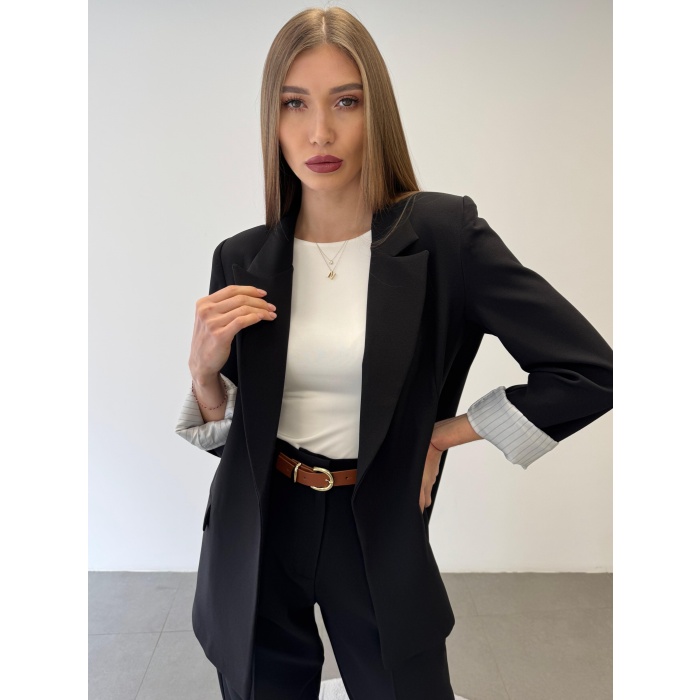 Kolu Katlamalı Kemerli Ceket Pantolon 2li Takım Elbise