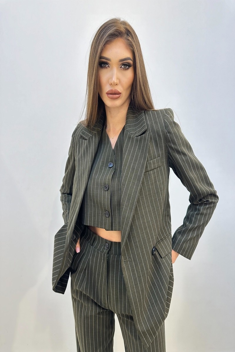 Kısa Yelekli Çizgi Desenli Pantolon Ceket 3 lü Takım Elbise