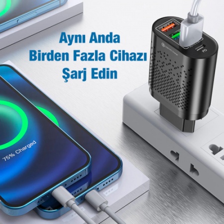 USLİON 3 USB + Type-C Giriş 48W PD Hızlı Şarj Başlık Şarj Adaptörü siyah