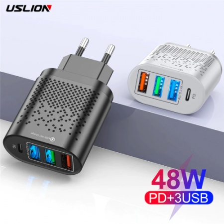 USLİON 3 USB + Type-C Giriş 48W PD Hızlı Şarj Başlık Şarj Adaptörü siyah