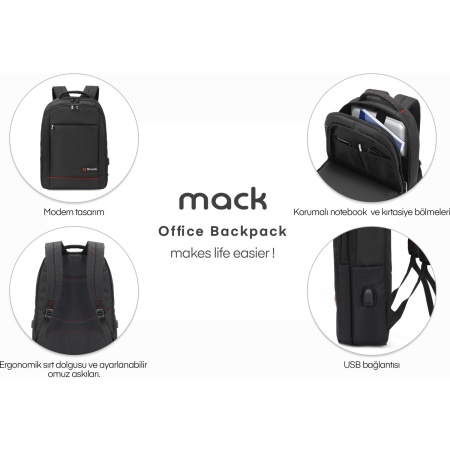Mack MCC-007 17.3 Office USB Girişli Notebook Sırt Çantası Siyah