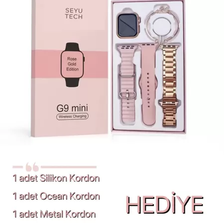 Kadın Akıllı Saat Smart Watch G9 Mini 3 Kordon Flamingo ve Kolye Hediyeli Ios ve Android Uyumlu
