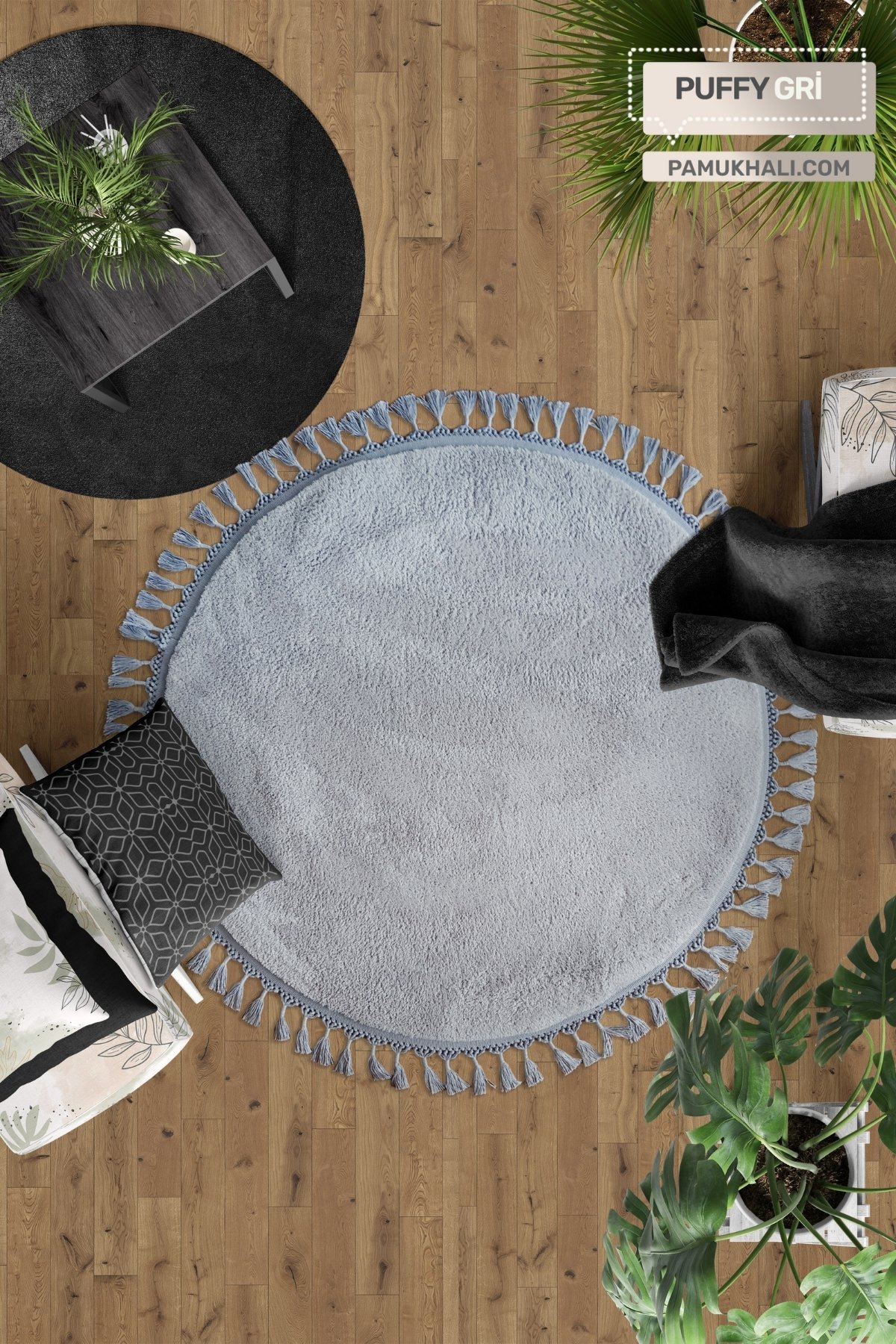 Gri Yuvarlak Puffy Peluş Yıkanabilir Halı
