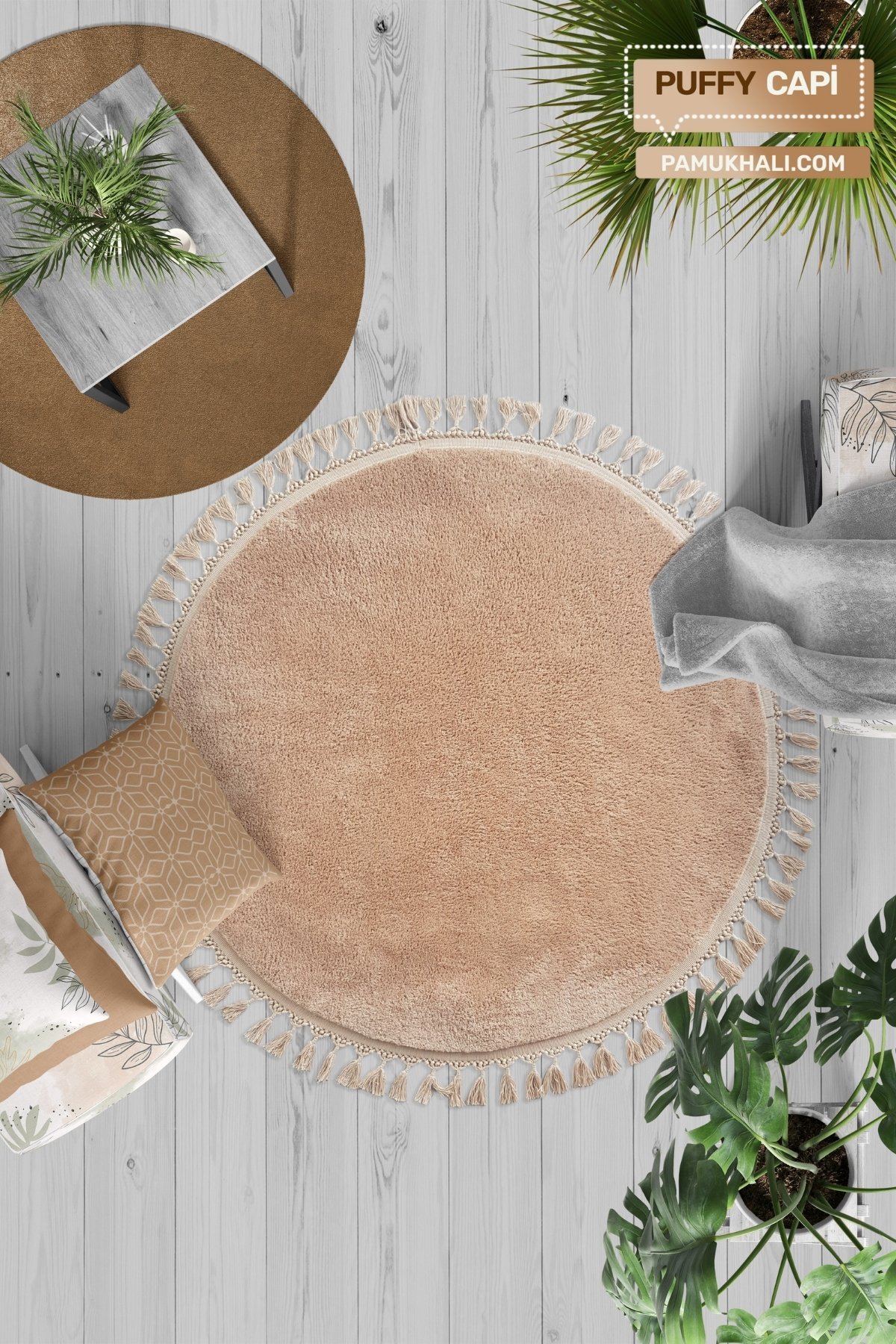 Cappicino Yuvarlak Puffy Peluş Yıkanabilir Halı