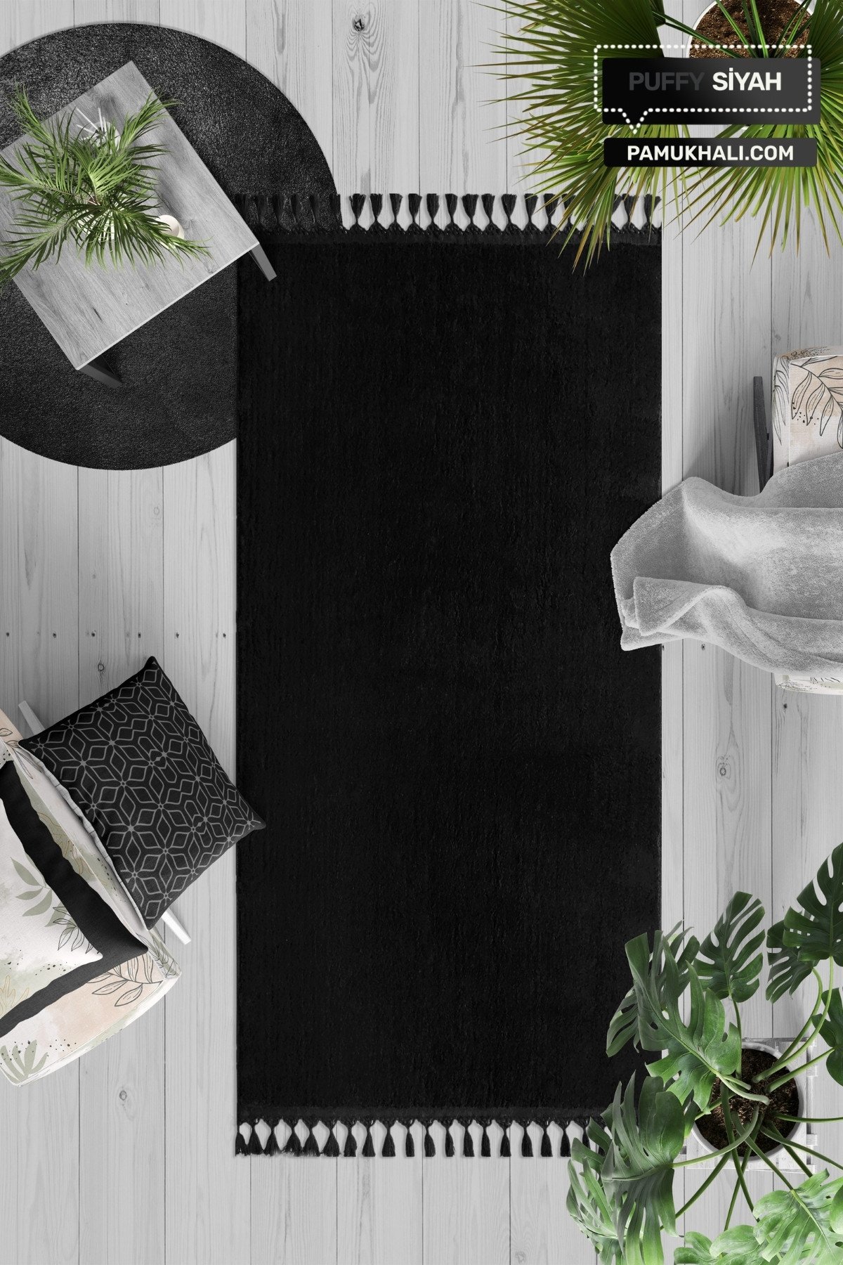 Siyah Yolluk Puffy Peluş Yıkanabilir Halı