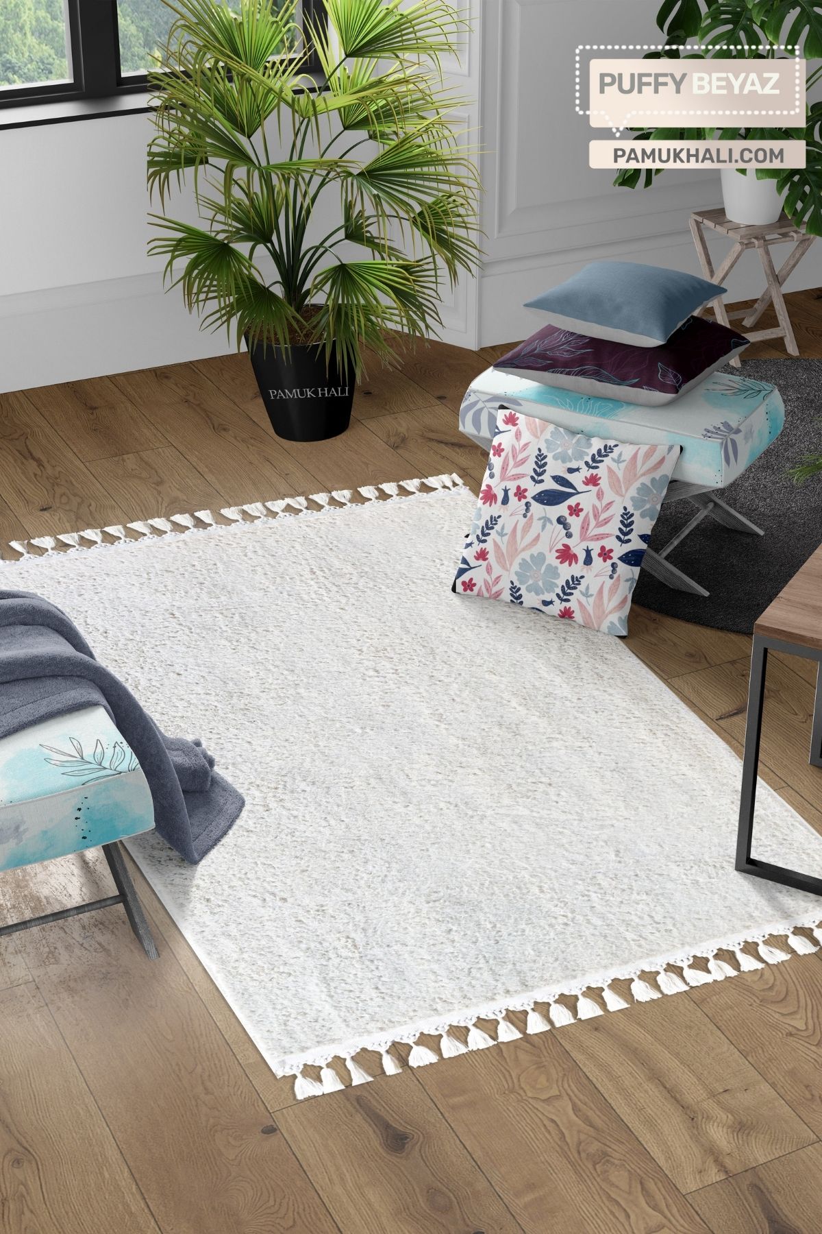 Beyaz Puffy Peluş Yıkanabilir Halı
