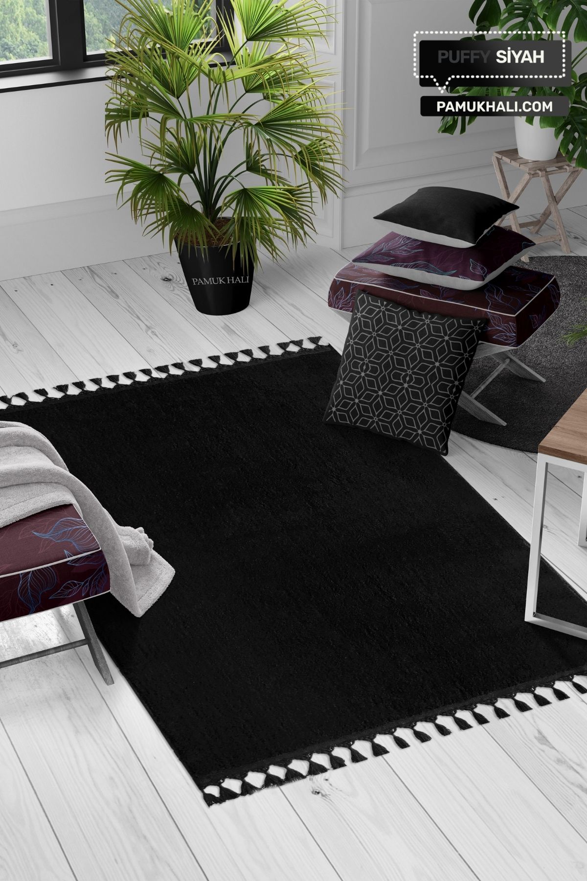 Siyah Puffy Peluş Yıkanabilir Halı