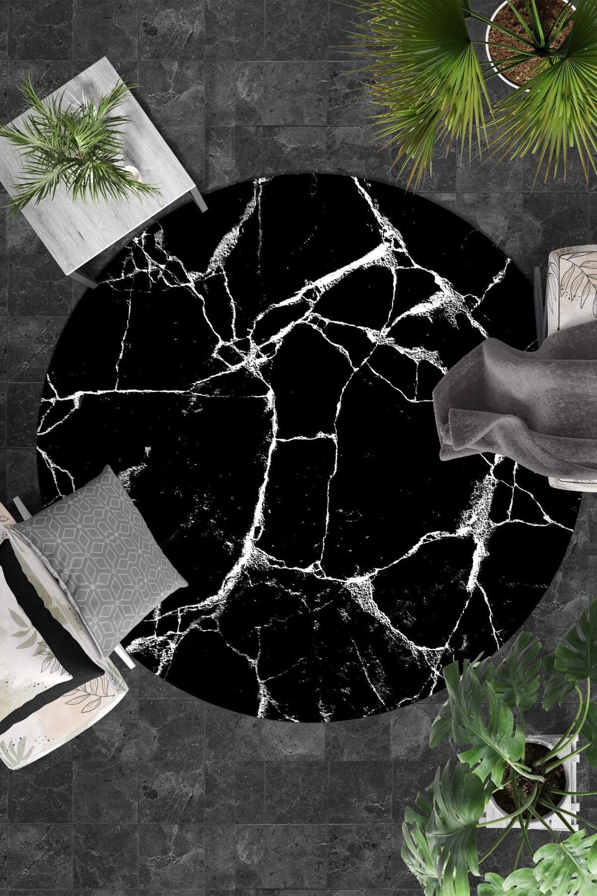 Granit Siyah Yuvarlak Tay Tüyü Yıkanabilir Halı