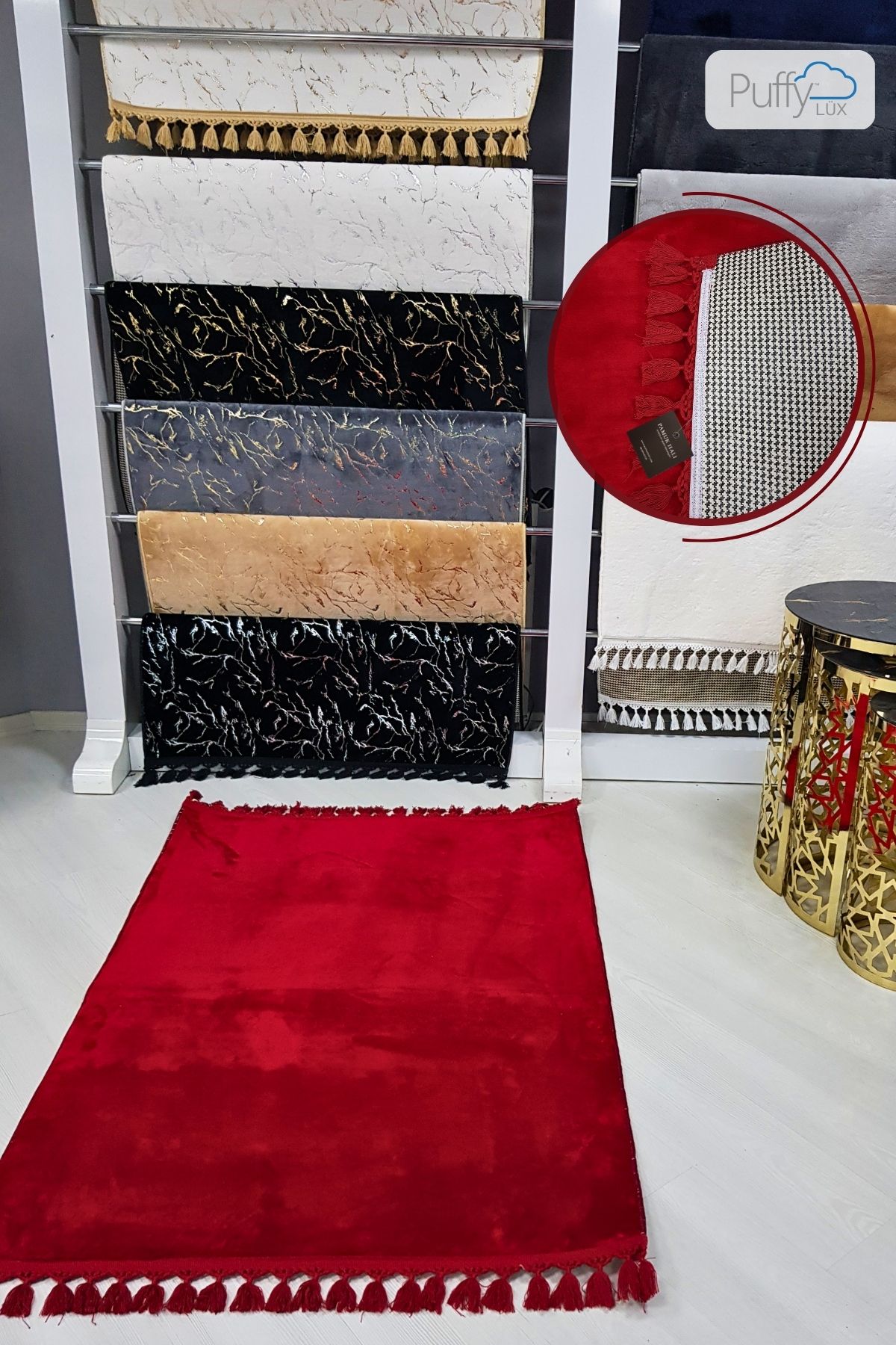 Lüx Kırmızı Puffy Peluş Deri Taban Yıkanabilir Halı