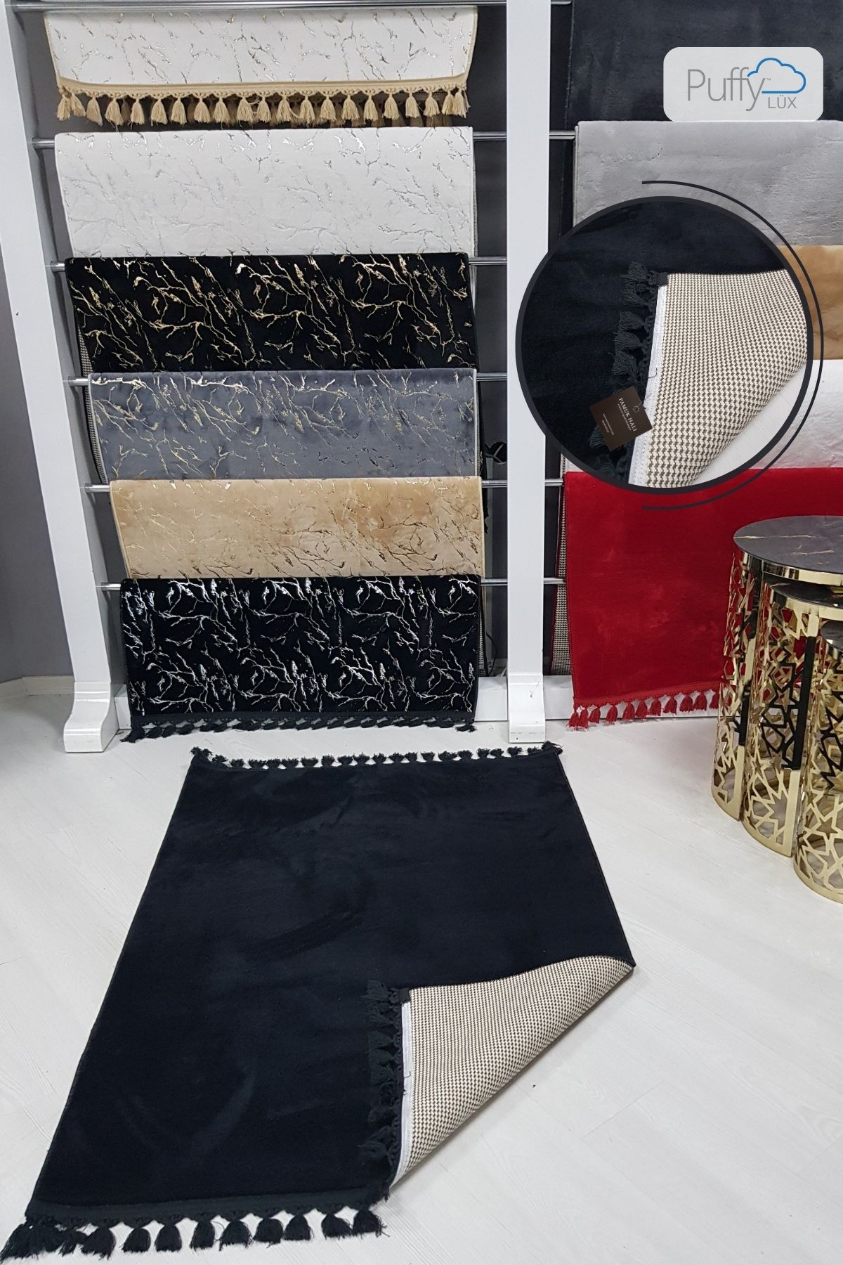Lüx Siyah Puffy Peluş Deri Taban Yıkanabilir Halı