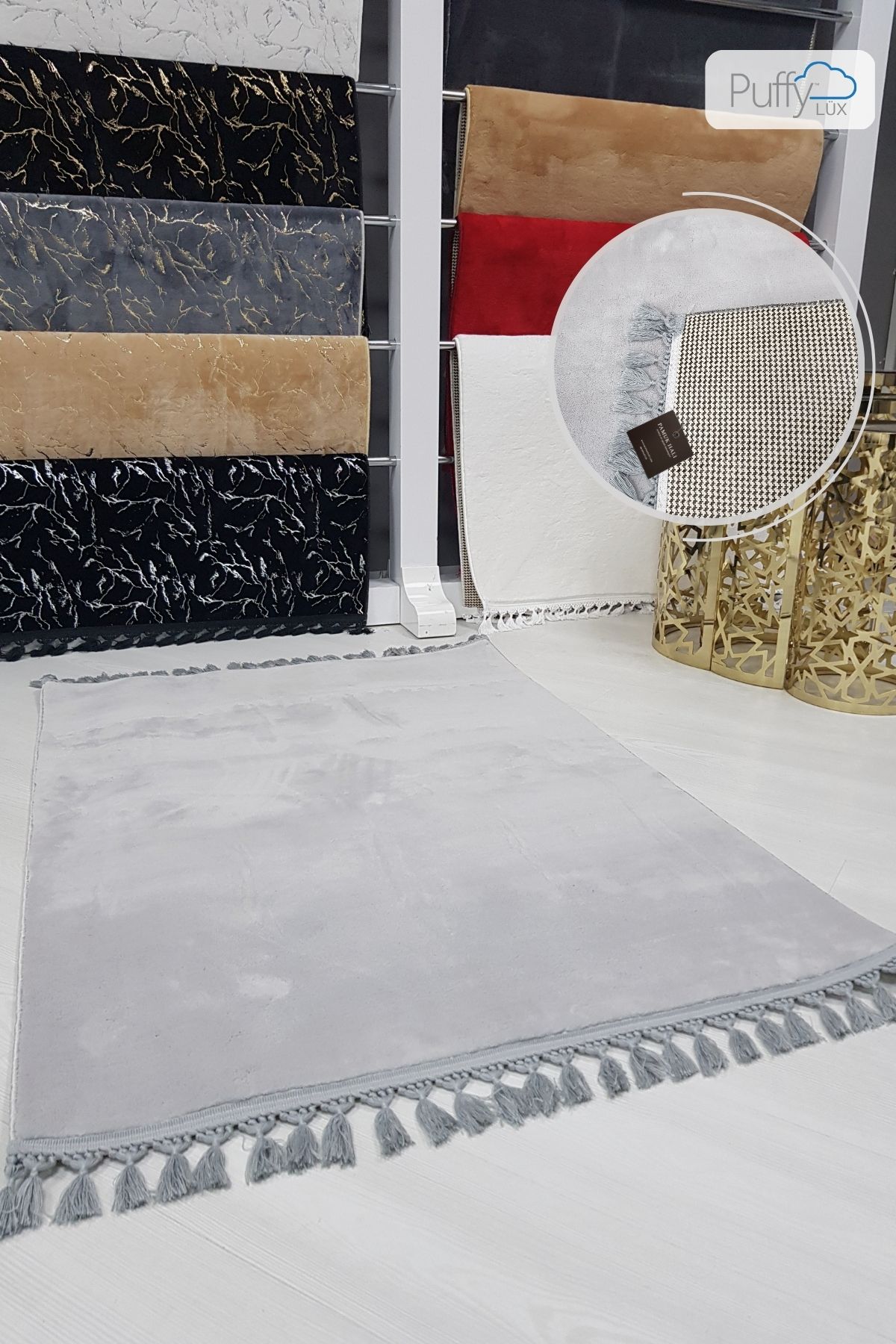 Lüx Gri Puffy Peluş Deri Taban Yıkanabilir Halı
