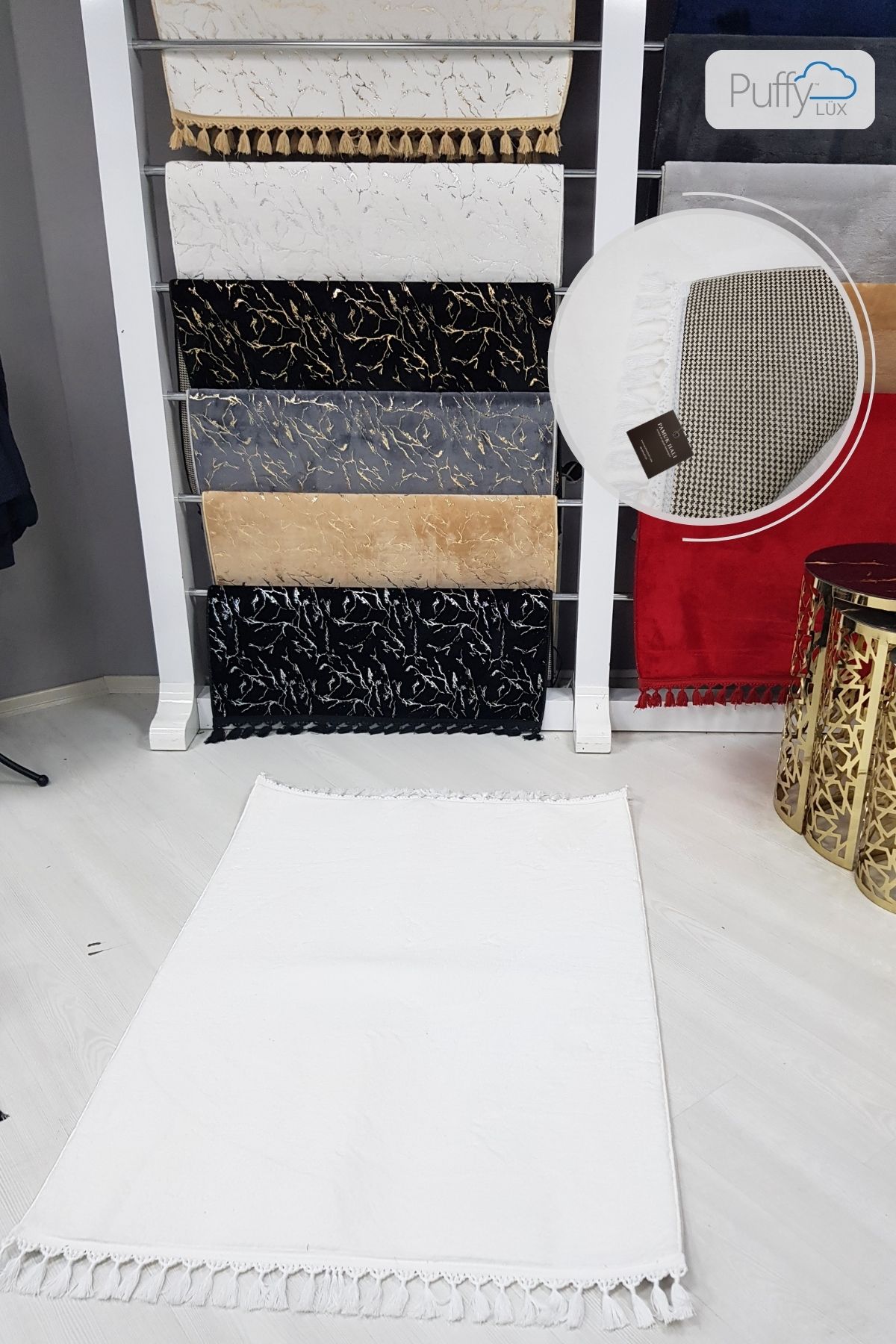 Lüx Beyaz Puffy Peluş Deri Taban Yıkanabilir Halı