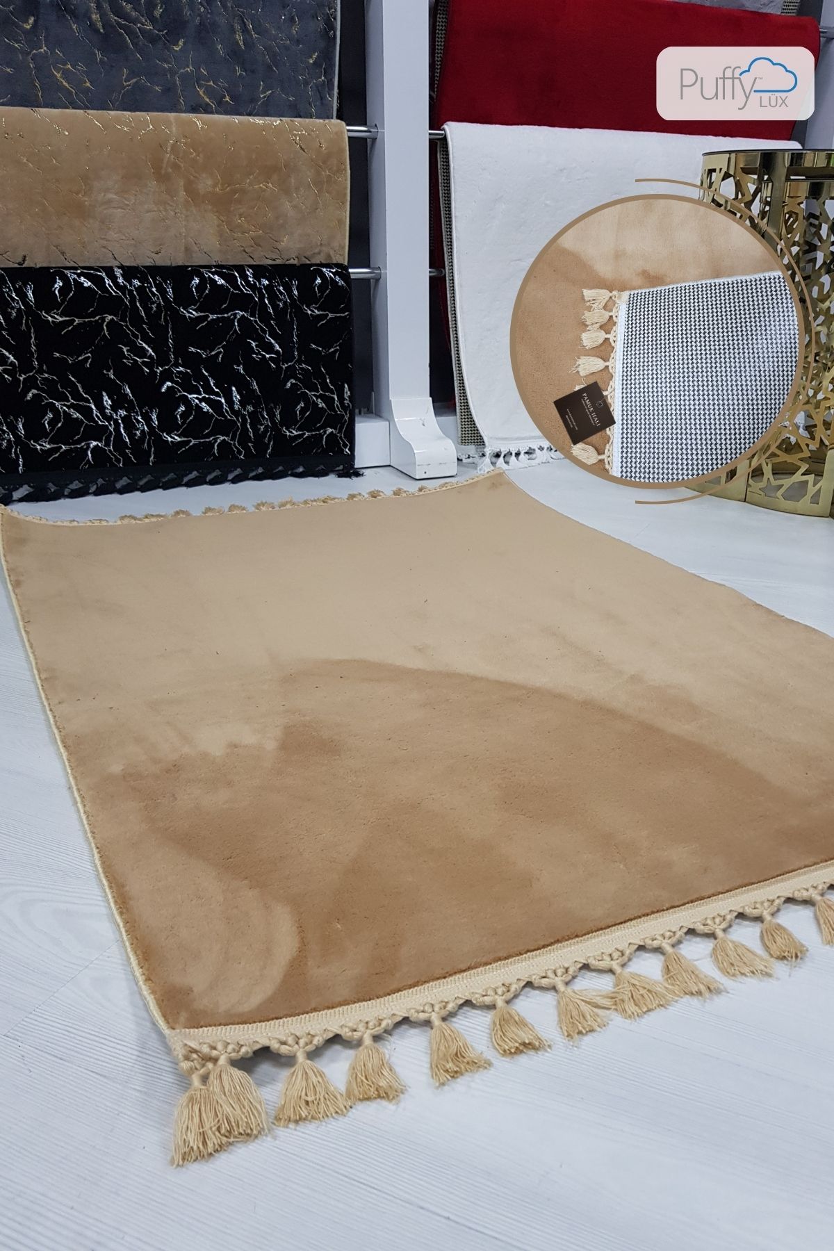 Lüx Cappicino Puffy Peluş Deri Taban Yıkanabilir Halı
