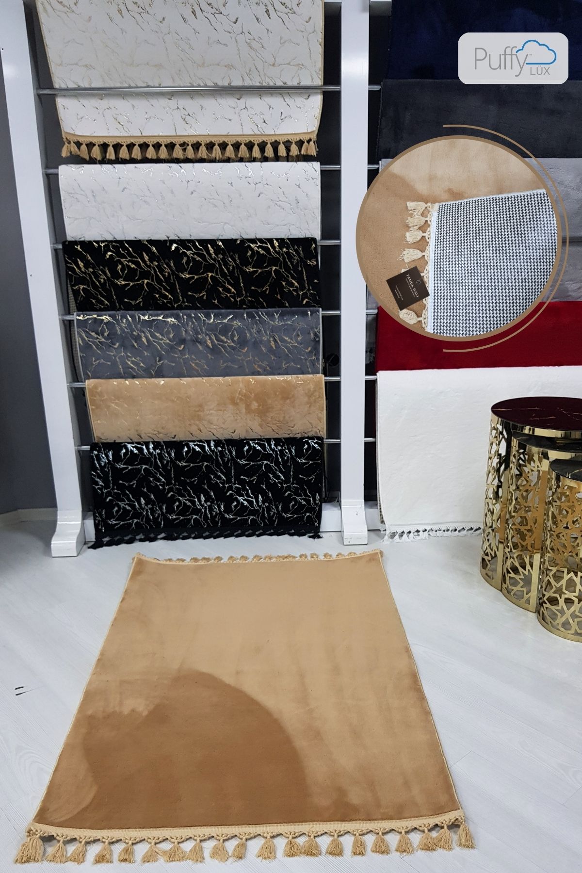 Lüx Cappicino Puffy Peluş Deri Taban Yıkanabilir Halı