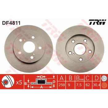 FREN DISKI ARKA DUZ 259-5 -(TOYOTA  COROLLA 07>11 1.4-1.6 VVTI BENZINLI AURIS 07>11 1.4-1.6 VVTI BENZINLI  