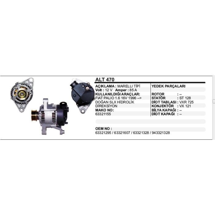 ALTERNATÖR 12V 85A FIAT PALIO-SIENA -DOĞAN SLX HIDROLIK DIREKSIYON MARELLI-MAKO TIPI - DD-ALT470