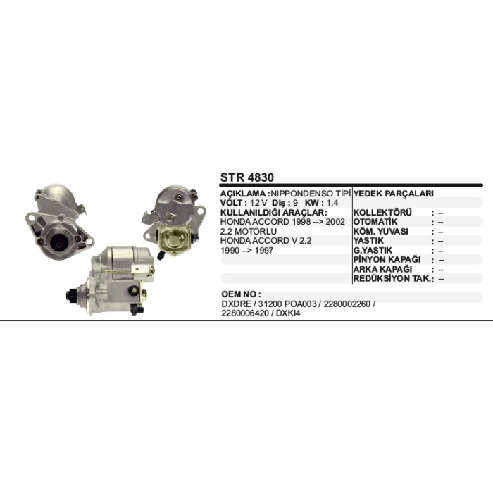 MARŞ MOTORU HONDA ACCORD 2 2 1990-2002 NIPPONDENSO TIP - STR4830