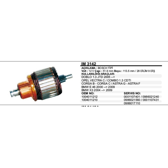 KOLLEKTÖR 12V 9 DIŞ FIAT DOBLO1.3JTD OPEL VECTRA COMBO ASTRA G-F CORSA B C BMW E34 E36BOSCH TIP - IM3142