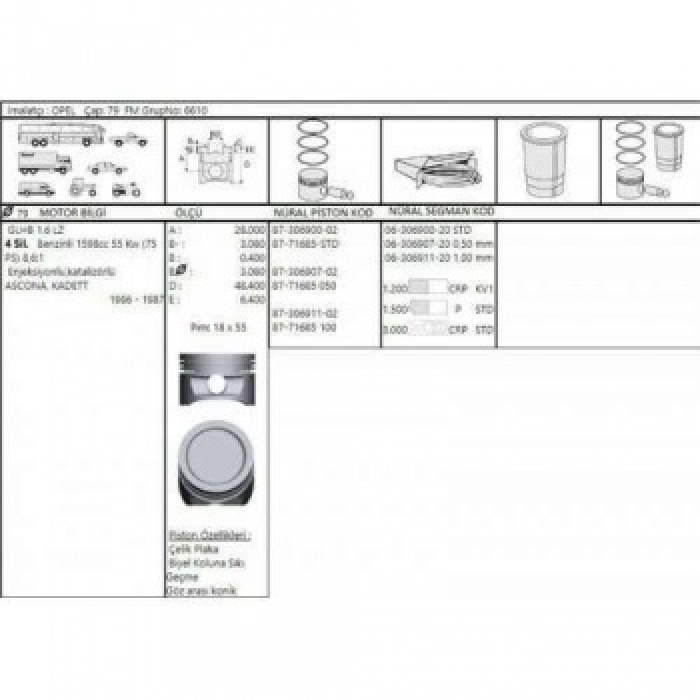 PISTON+SEGMAN 16SV C16NZ 1.6 8V VECTRA A ASTRA F KADETT E 79.50MM 050 1.2x1.5x3.0 - AKD 44-3538-08-50