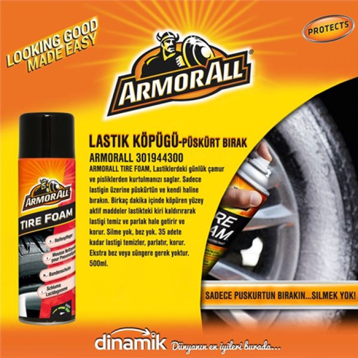 ARMORALL TIRE FOAM. SADECE LASTIĞIN ÜZERINE PÜSKÜRTÜN. YÜZEY AKTIF MADDE LASTIKTEKI KIRI KALDIRIR VE LASTIĞI TEMIZ VE PARLAK HALE GETIRIR.500ML. - ARMORALL 301944300