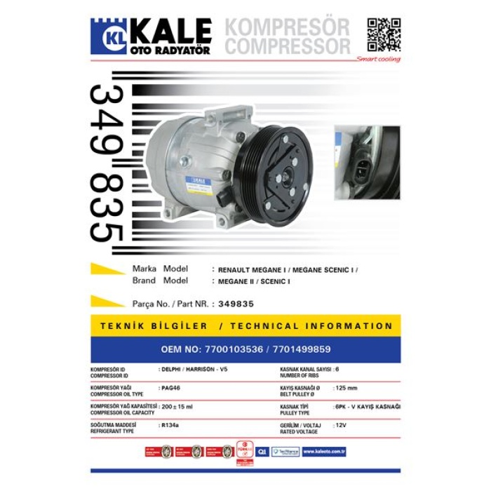 KLIMA KOMPRESORU RENAULT MEGANE I MEGANE SCENIC I MEGANE II 1.4 1.6 16V E7J K4J K4M - KALE 349835
