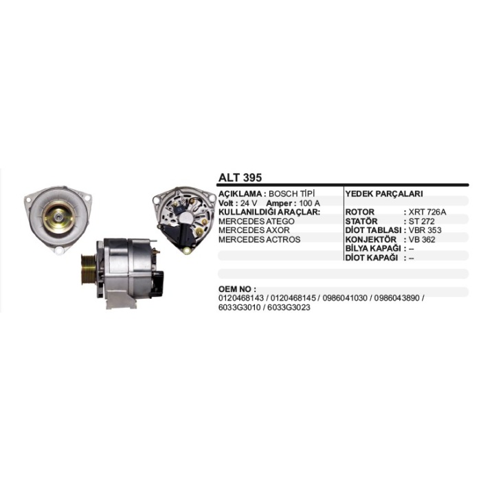 ALTERNATÖR 24V 100A MERCEDES ATEGO-AXOR-ACTROS BOSCH TIP - DD-ALT395