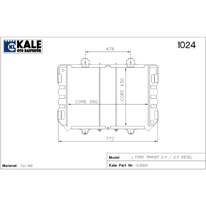 BAKIR RADYATÖR FORD TRANSIT 2.5 DIESEL 2 SIRA PA SISTEM - 0204142PA