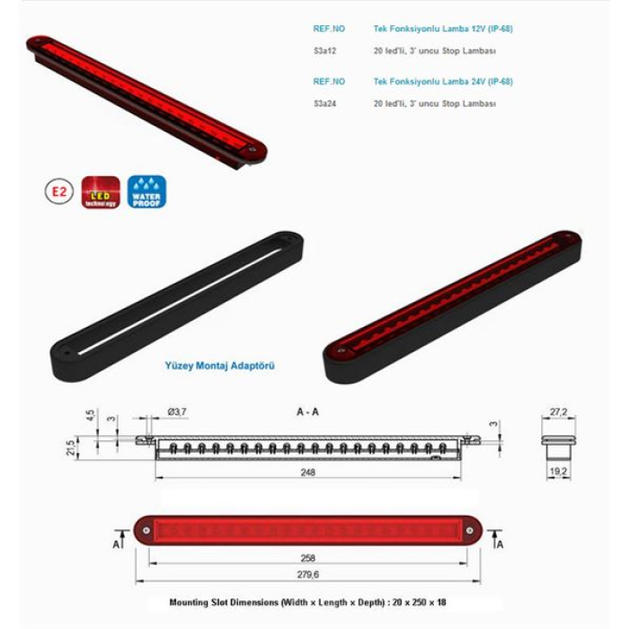 STOP LAMBASI 12V 3.STOP 20 LEDLI SU GECIRMEZ E ONAYLI - SANEL S3A12