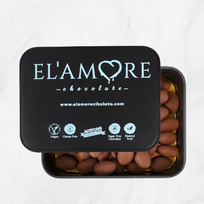 ELAMORE Bademli | Metal Kare Kutu | Vegan Çikolata