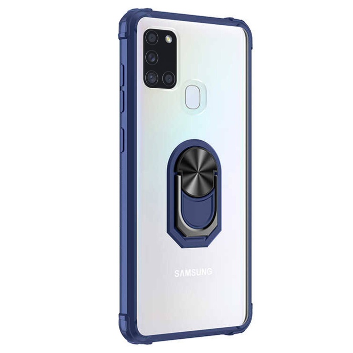 Samsung Galaxy A21S (A217F) Arka Şeffaf Yüzüklü Mıknatıslı Kapak Mavi