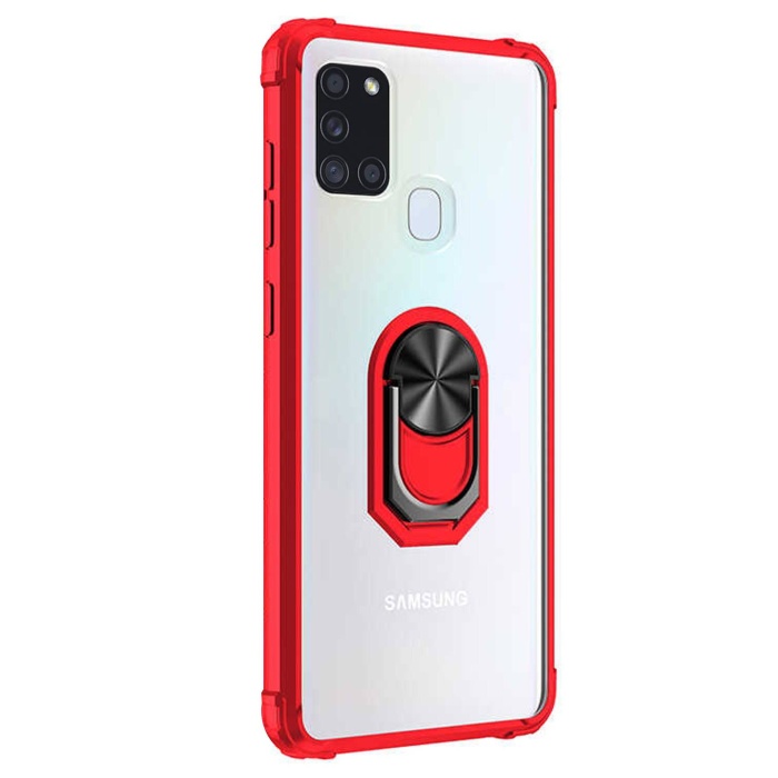 Samsung Galaxy A21S (A217F) Arka Şeffaf Yüzüklü Mıknatıslı Kapak Kırmızı