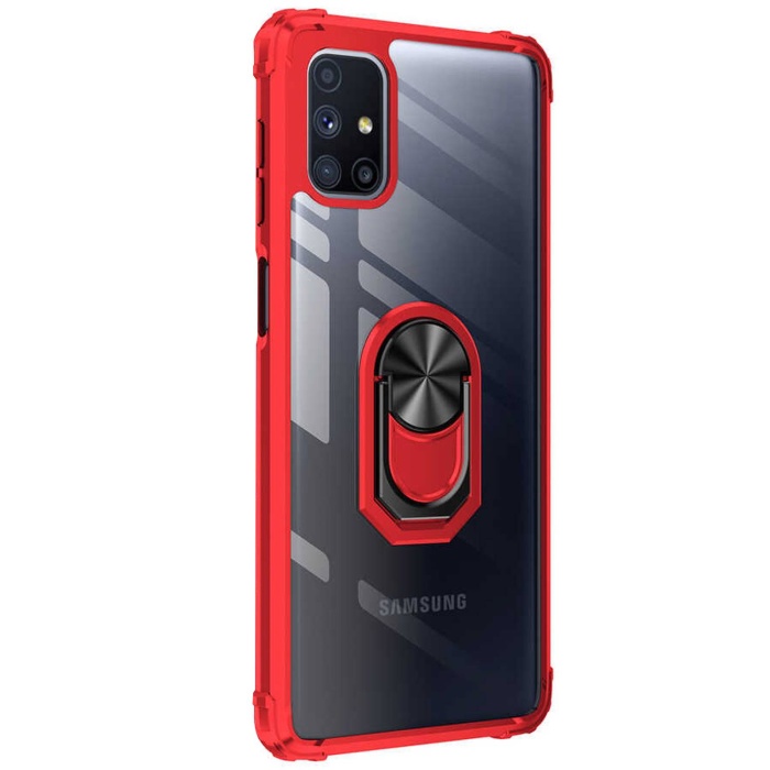Samsung Galaxy M51 (M515F) Arka Şeffaf Yüzüklü Mıknatıslı Kapak Kırmızı