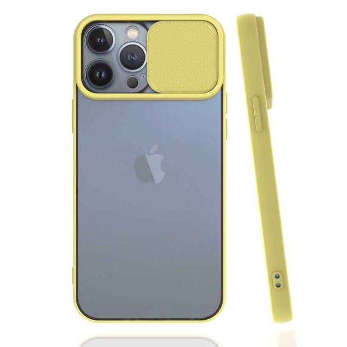 Apple iPhone 13 Pro Max Kızaklı Kamera Korumalı Kapak Sarı