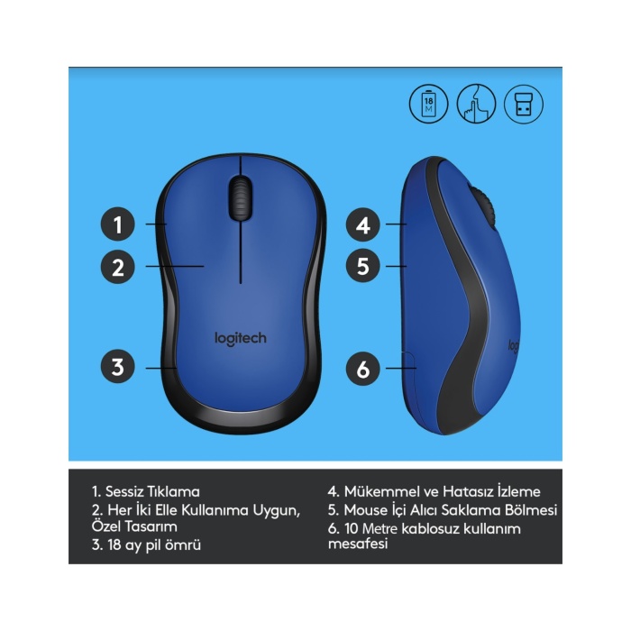 Logitech M220 Sessiz Kompakt Kablosuz Mouse - Mavi