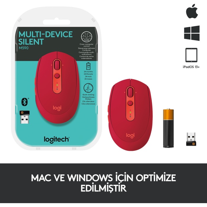 Logitech M590 Çok-Aygıtlı Sessiz Bluetooth Mouse - Kırmızı