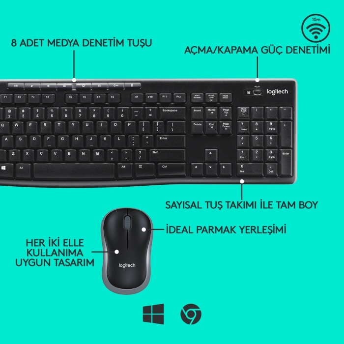 Logitech MK270 Kablosuz USB Alıcılı Türkçe Q Klavye Mouse Seti Siyah