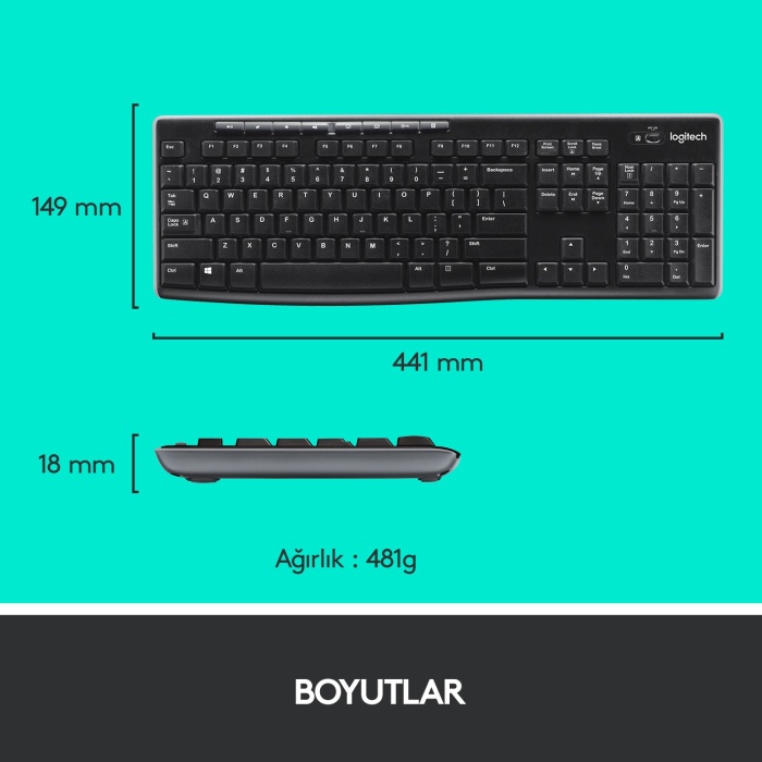 Logitech MK270 Kablosuz USB Alıcılı Türkçe Q Klavye Mouse Seti Siyah