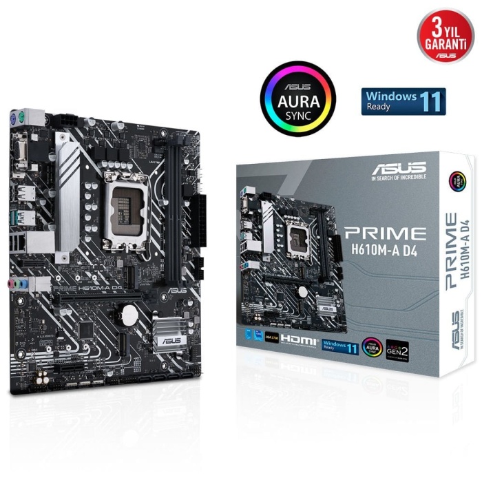 ASUS PRIME H610M-A 3200MHz DDR4 Soket 1700 M.2 HDMI DP D-Sub mATX Anakart