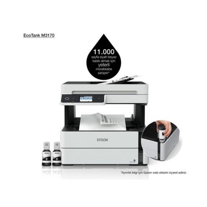 EPSON EcoTank M3170 Yazıcı+Tarayıcı+Fotokopi+Faks+Wifi Direct Inkjet Siyah Baskı Tanklı Yazıcı (Orjinal Mürekkepli)