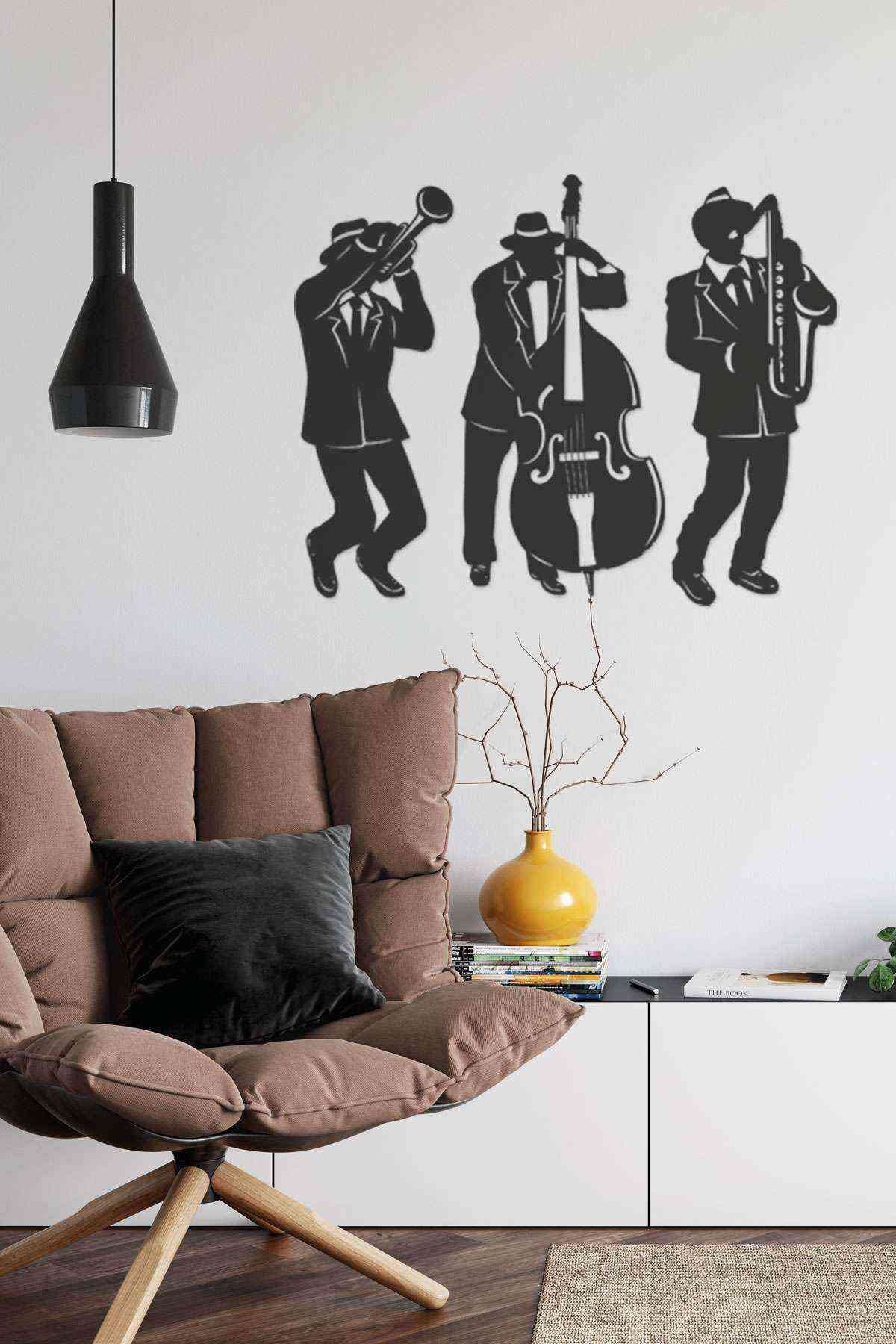 Jazz Yapan Müzikal Dekoratif Duvar Dekoru Siyah Ahşap Lazer Tablo