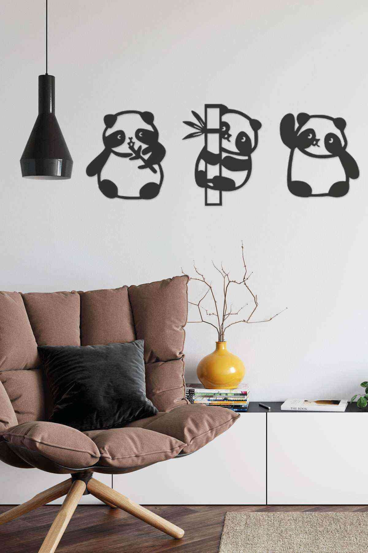 Panda 3lü Duvar Dekoru Siyah Ahşap Lazer Tablo Mdf