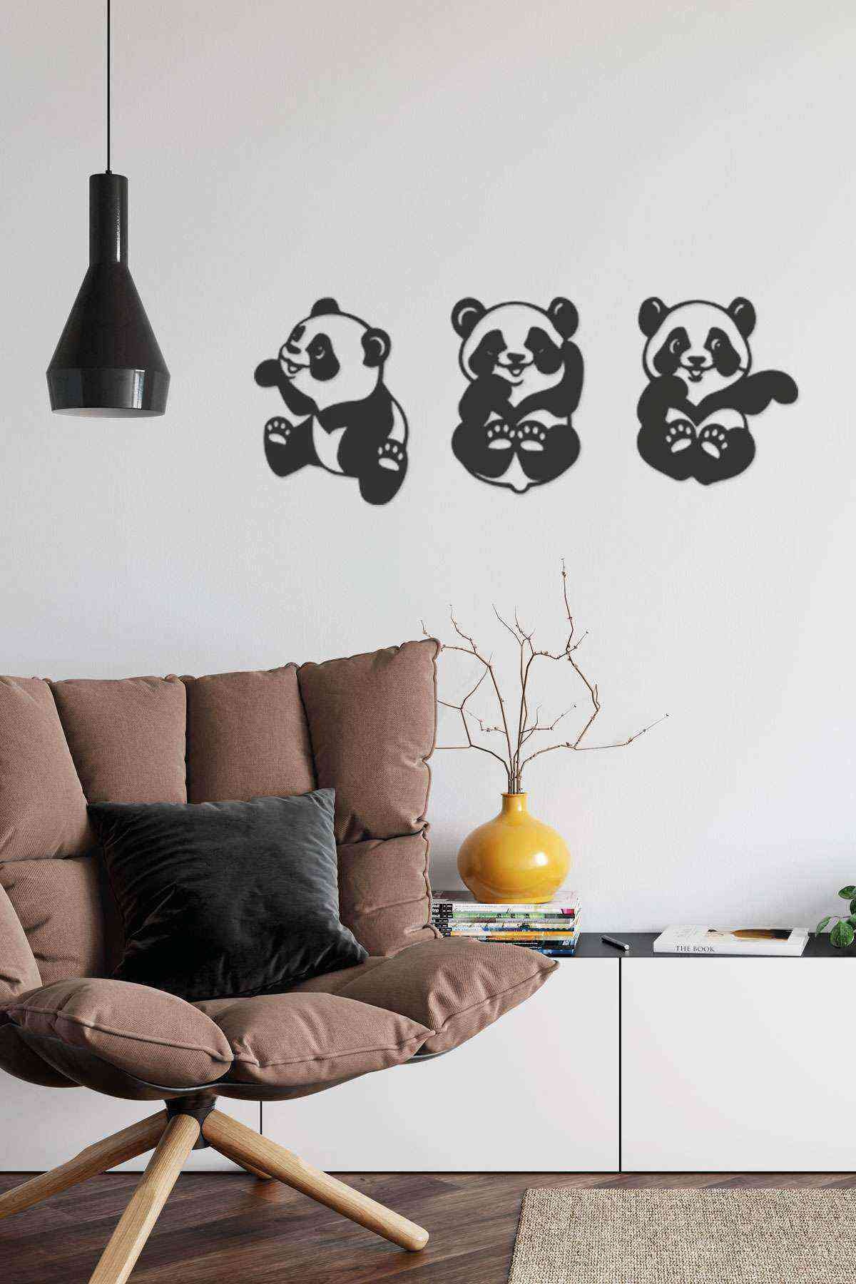 3lü Panda Yeni Duvar Dekoru Tablo Siyah Ahşap Mdf