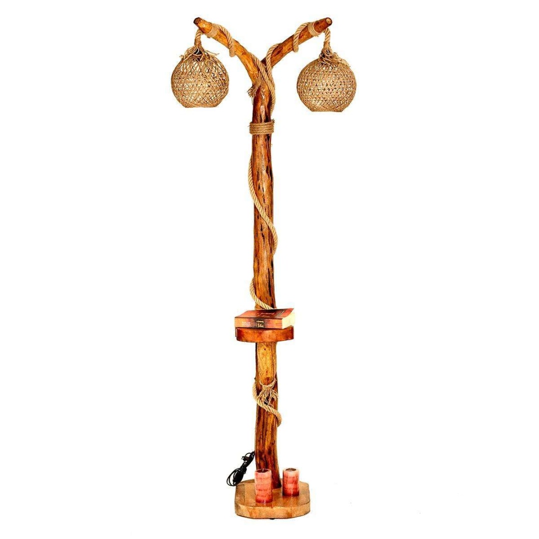 Ahşap Raflı Lambader İki Kollu