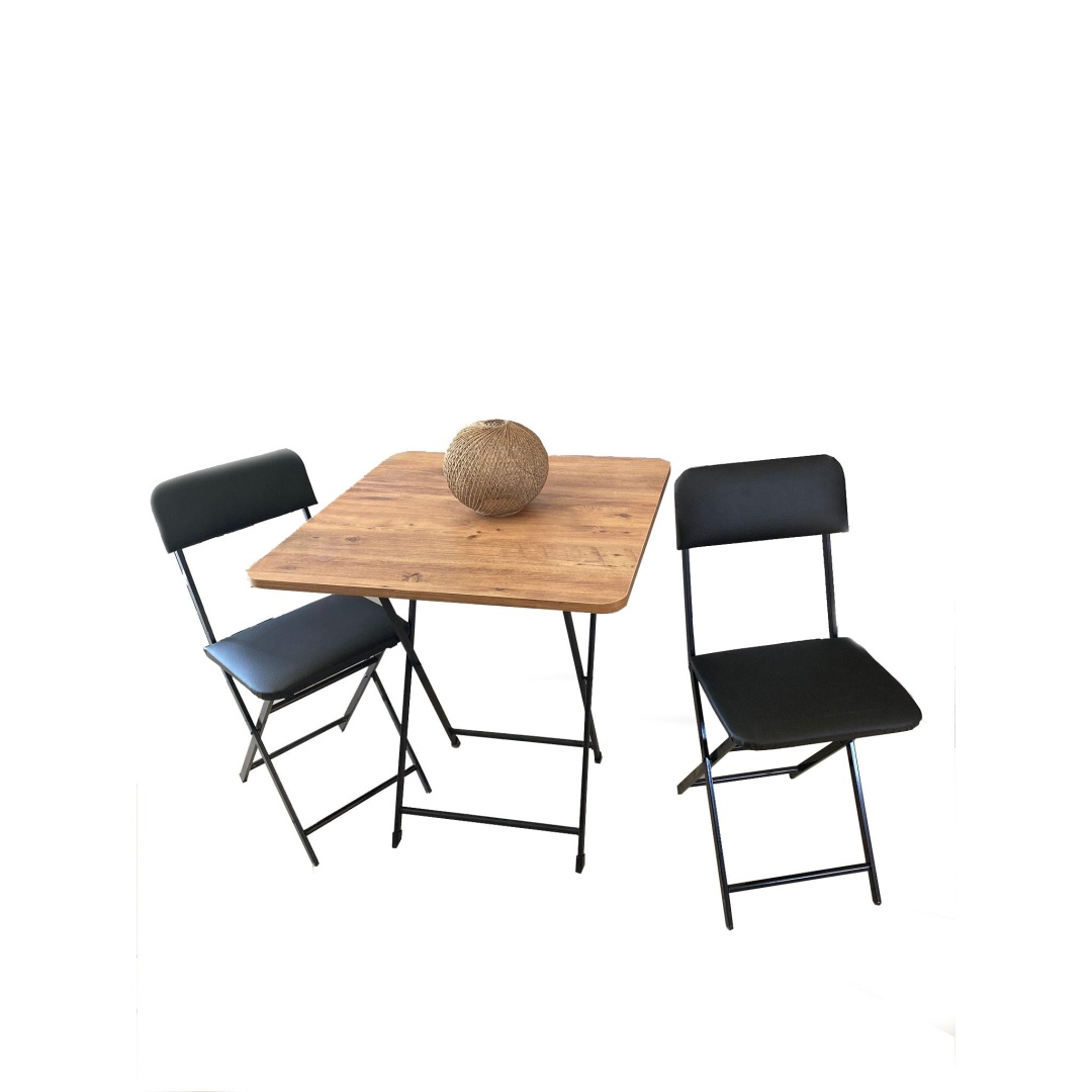 Katlanır Masa Sandalye Takımı Kare Çam  Deri Siyah Sandalye