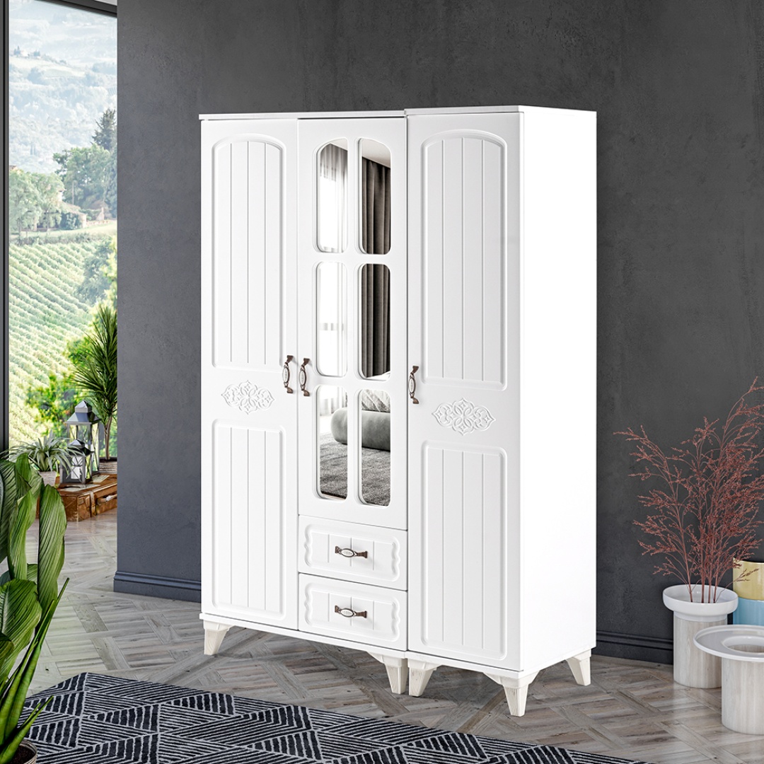 Beyaz 3 Kapılı Gardırop - Aynalı Model