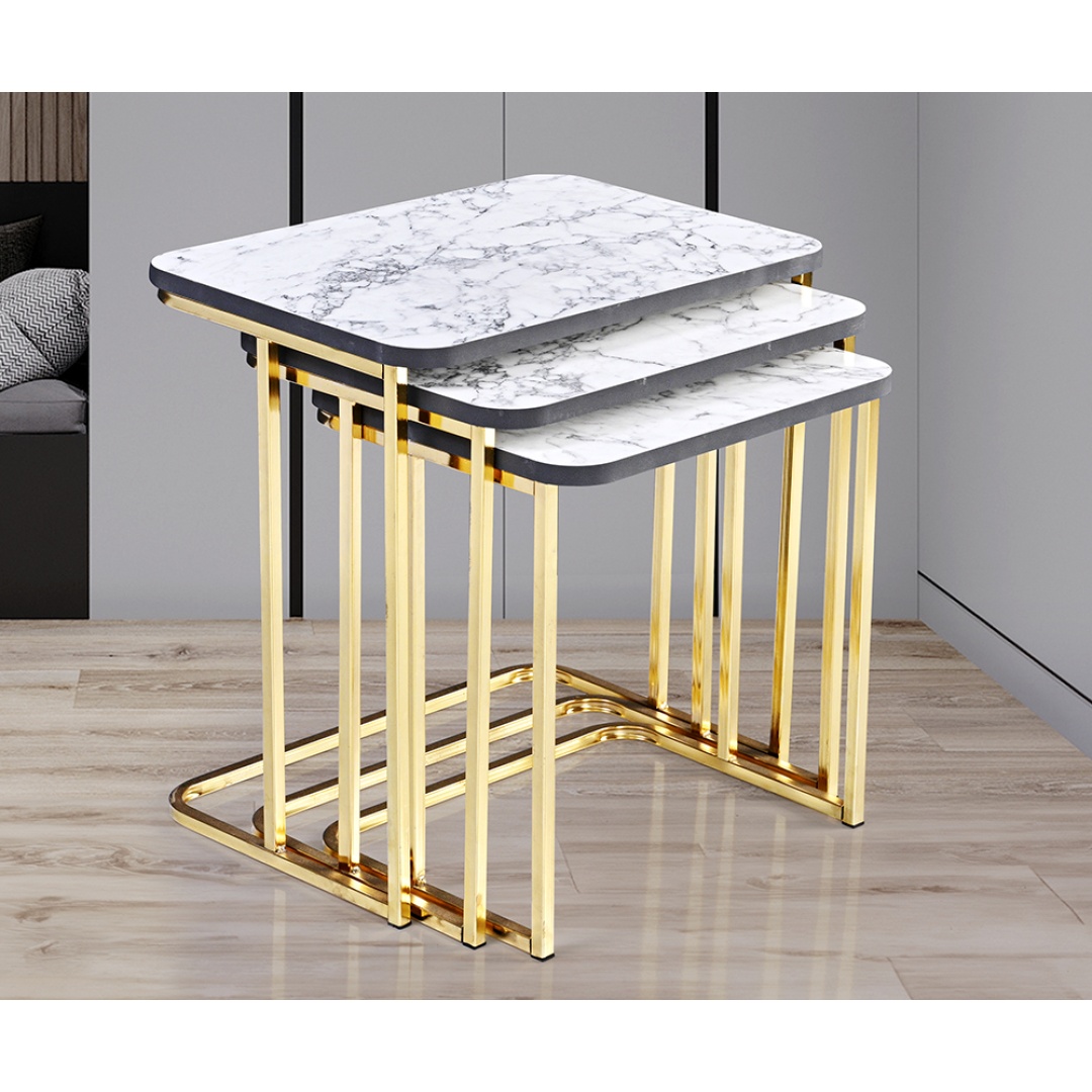 Beyaz Mermer Desenli Dikdörtgen Gold Zigon Sehpa Takımı