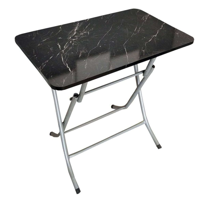 Mermer Desenli Siyah Katlanır Balkon Masası - 50x80 cm