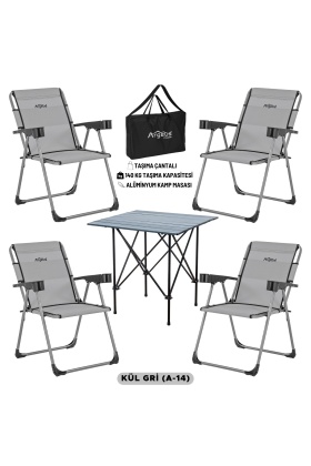 4 Adet Katlanır Kamp Sandalyesi ve Alüminyum Masa Seti - Rock Dark - Kül Gri - Taşıma Çantalı