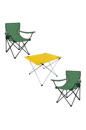 2 Adet Katlanır Kamp Sandalyesi ve Masa Seti - (DY.001) - Haki/Sarı - Plaj Sandalyesi