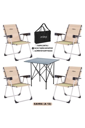 4 Adet Katlanır Kamp Sandalyesi ve Alüminyum Masa Seti - Rock Dark - Sahra - Taşıma Çantalı